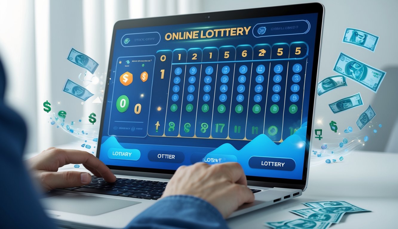 Sebuah laptop atau smartphone menampilkan antarmuka lotere online dengan pola angka ganjil dan genap, dikelilingi ikon uang digital dan simbol transaksi cepat.