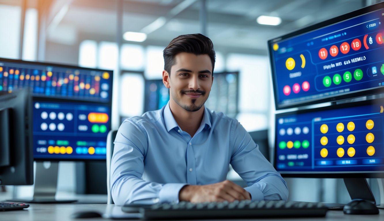 Seorang pria muda duduk di depan beberapa layar komputer dengan grafik dan angka taruhan, di ruang kantor modern yang terang dan terlihat stabil.