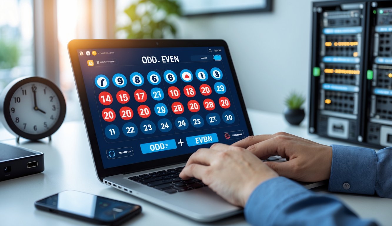 Seorang pria menggunakan laptop di meja kerja dengan tampilan antarmuka lotere digital, dikelilingi oleh jam dan rak server yang menunjukkan operasi 24 jam.
