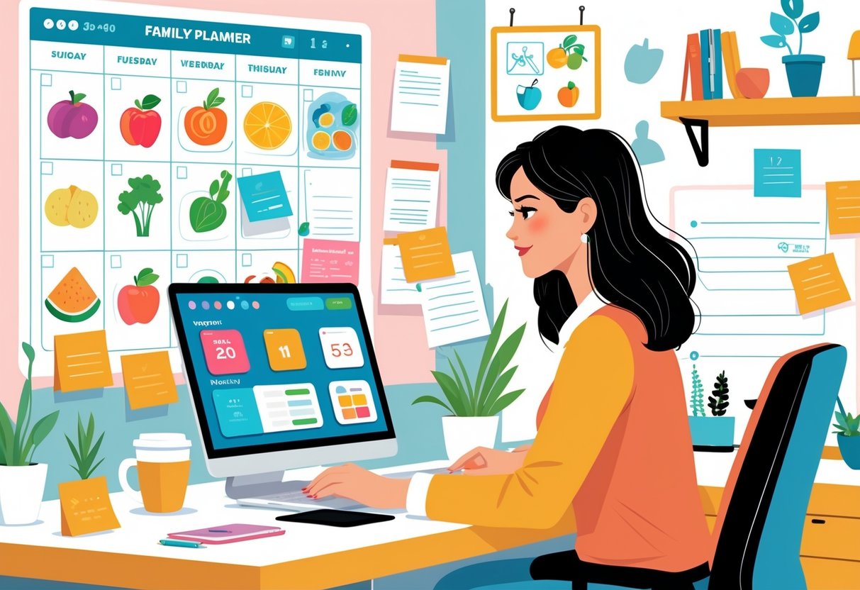A mother sitting at a desk using a laptop with a digital planner, surrounded by icons representing family meals and work projects in a cozy home office.