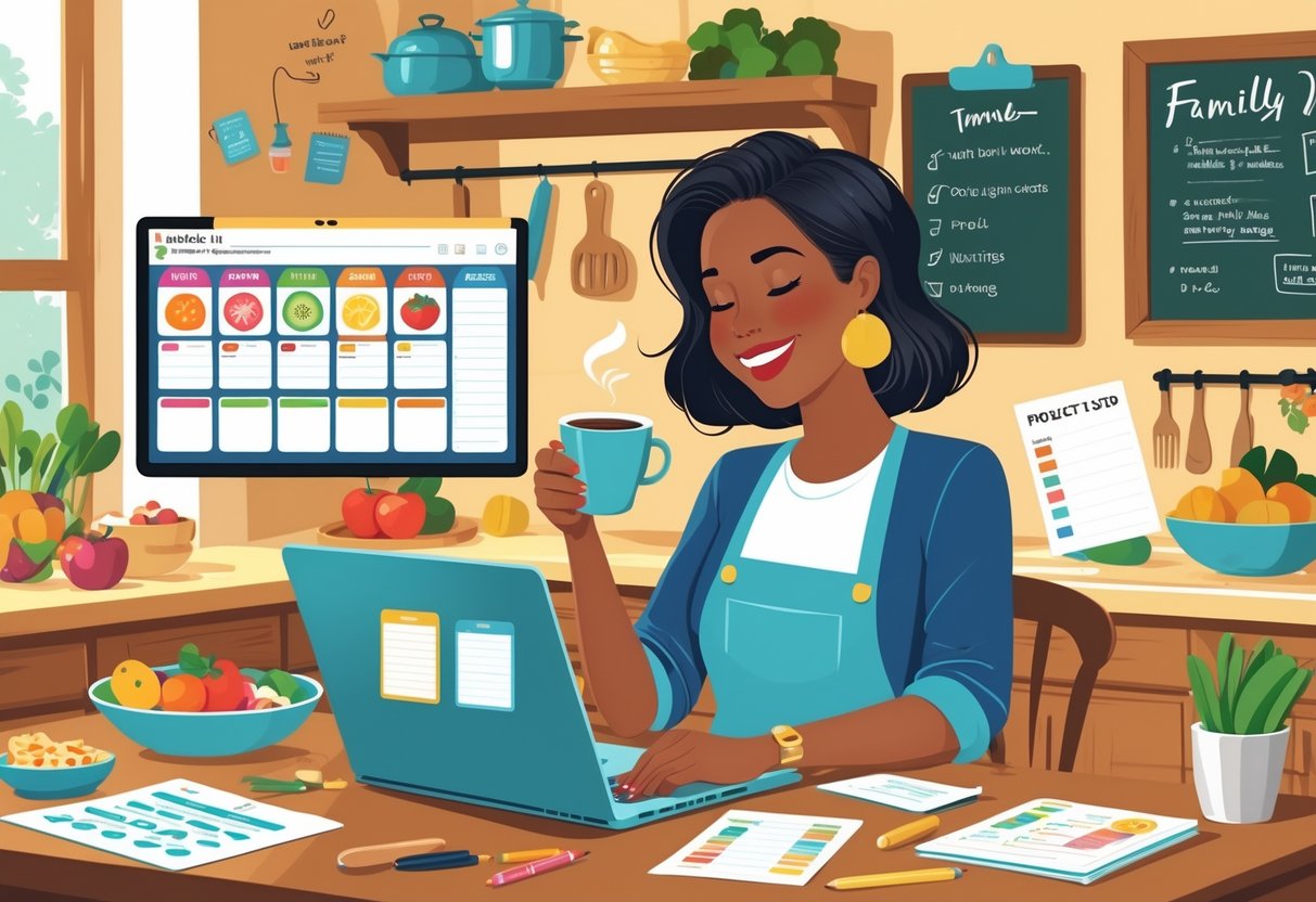 A mom working at a kitchen table with a laptop and planner, surrounded by meal planning and work project elements.