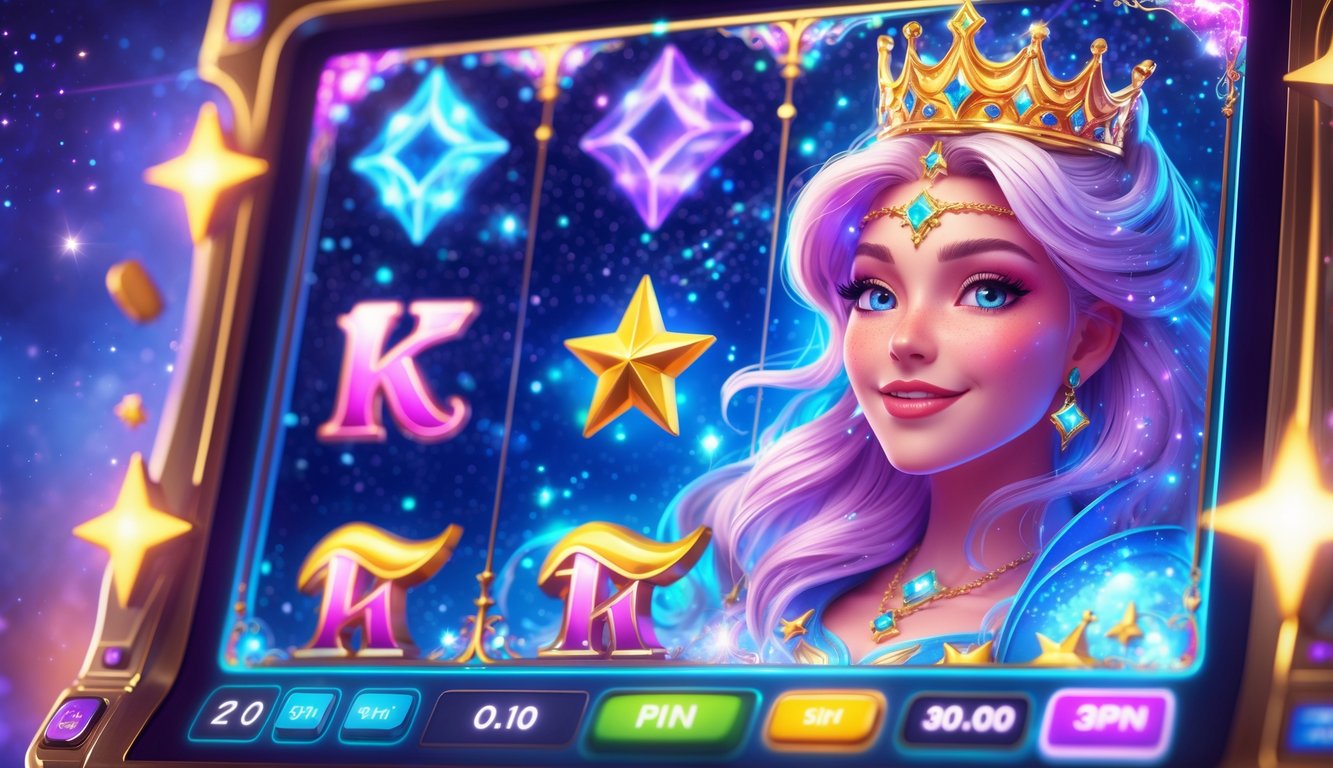 Tampilan layar mesin slot online dengan tema putri ajaib dan elemen bintang yang berkilau.