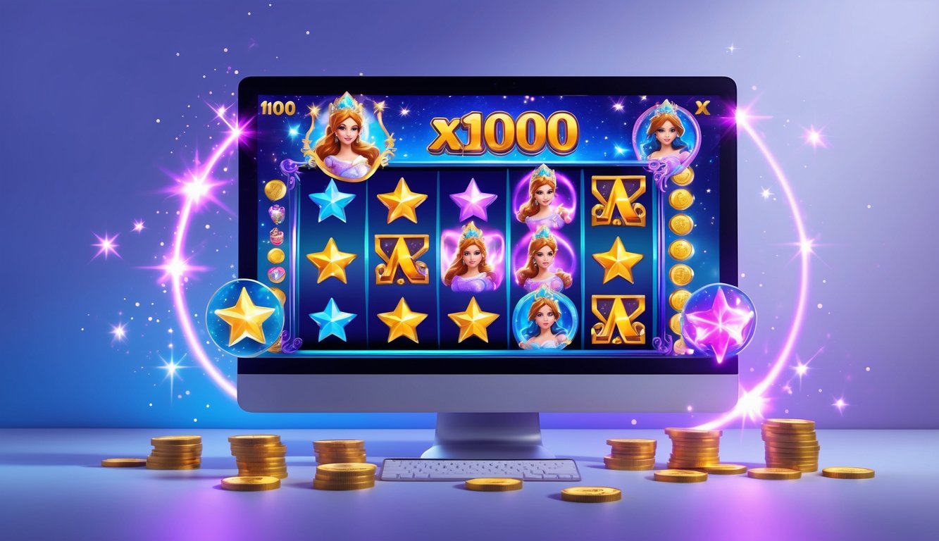 Layar perangkat menampilkan permainan slot online dengan simbol bintang dan putri yang bersinar, dikelilingi koin emas dan efek cahaya.