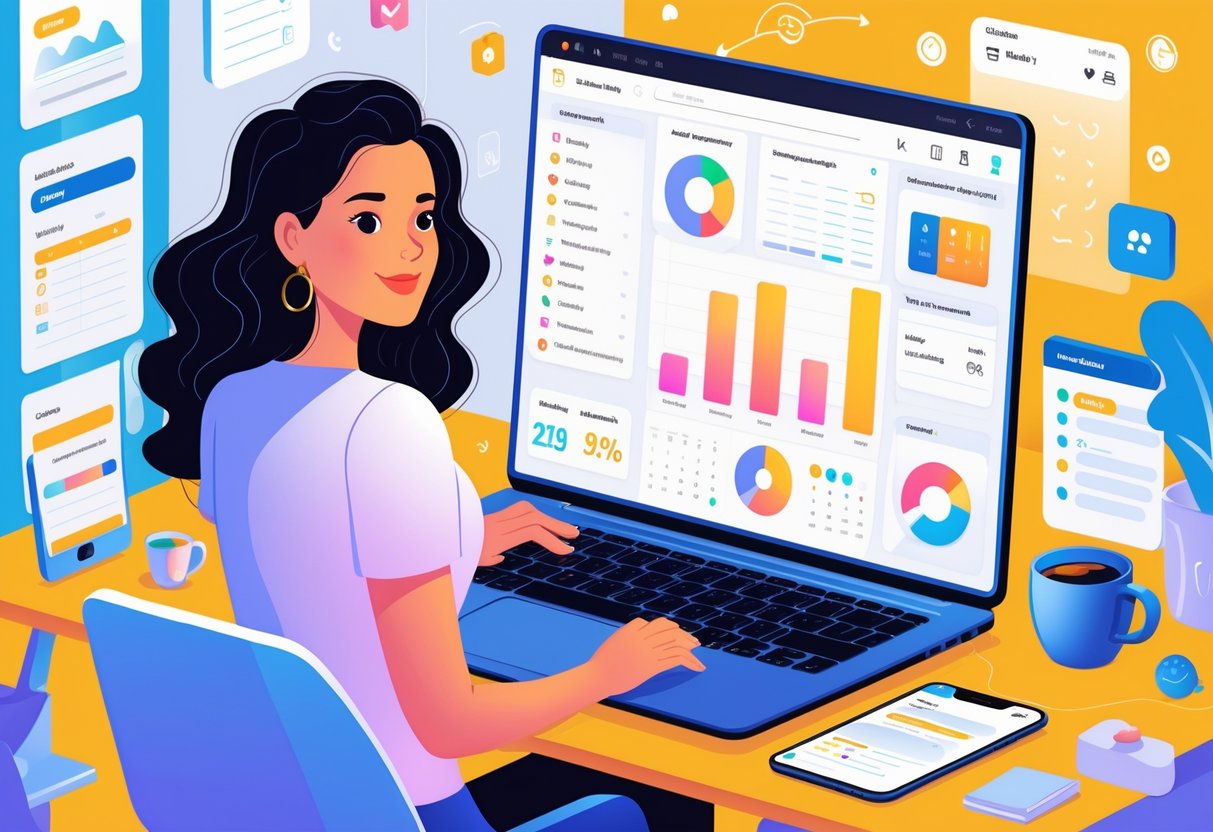 A mom sitting at a desk using a laptop with an organized digital dashboard, surrounded by family and work items, managing her side hustle.