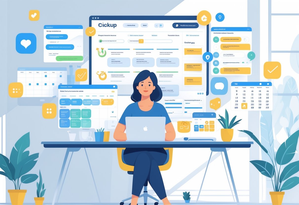 A mom working at a desk with a laptop, surrounded by floating digital task boards and calendars, managing her side hustle in a cozy home office.