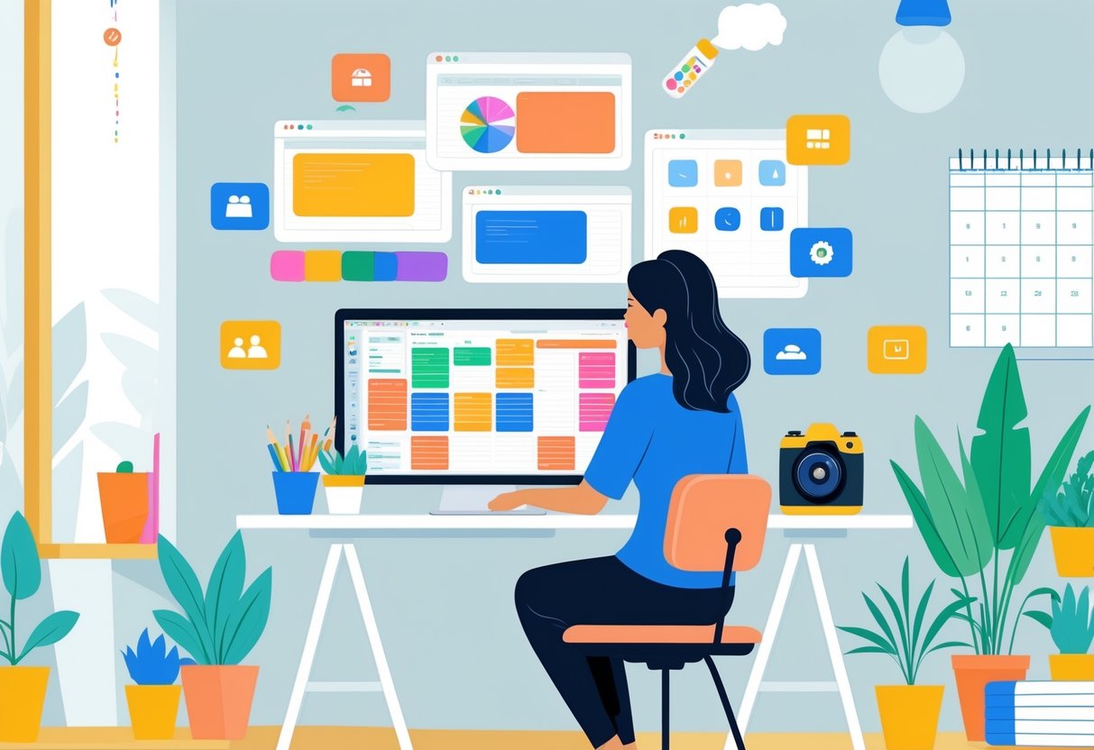 A mom working at a desk organizing multiple side hustles on her laptop with colorful folders and icons representing different projects around her.