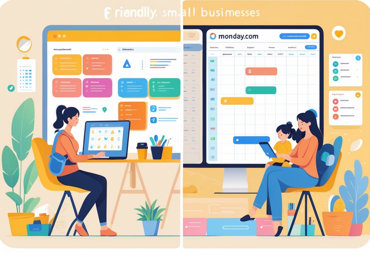 Two moms working in home offices with laptops and tablets, managing tasks while caring for their children in a cozy, organized environment.