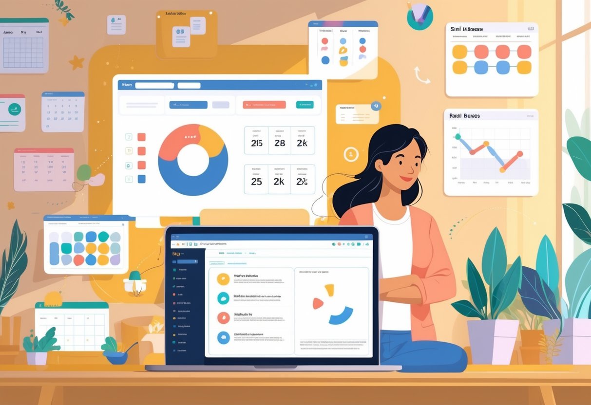 A mom working in a cozy small business office with a laptop showing two project management interfaces and productivity tools around her.