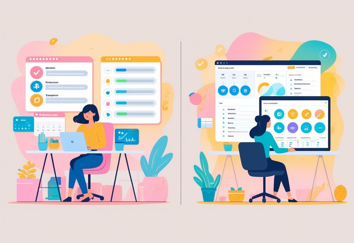Two moms working side-by-side in home office spaces, each using a different project management platform with icons and visuals representing their features.