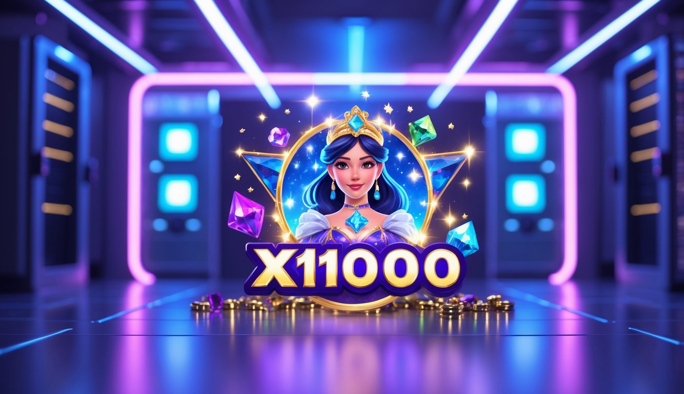 Seorang putri bercahaya dengan bintang dan permata berwarna-warni di latar belakang antarmuka digital dan ruang server yang stabil.