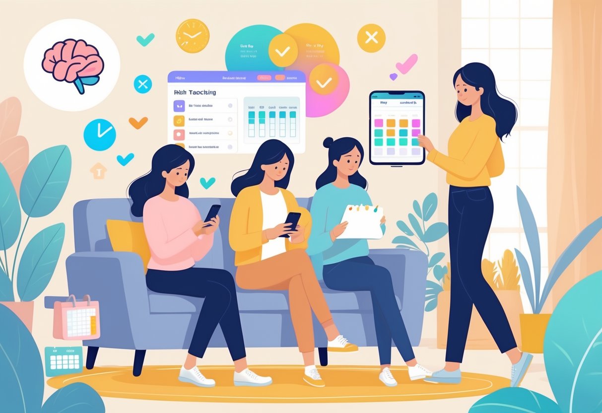 A group of moms using smartphones and tablets in a cozy living room, focusing on tracking their habits with supportive and calm expressions.