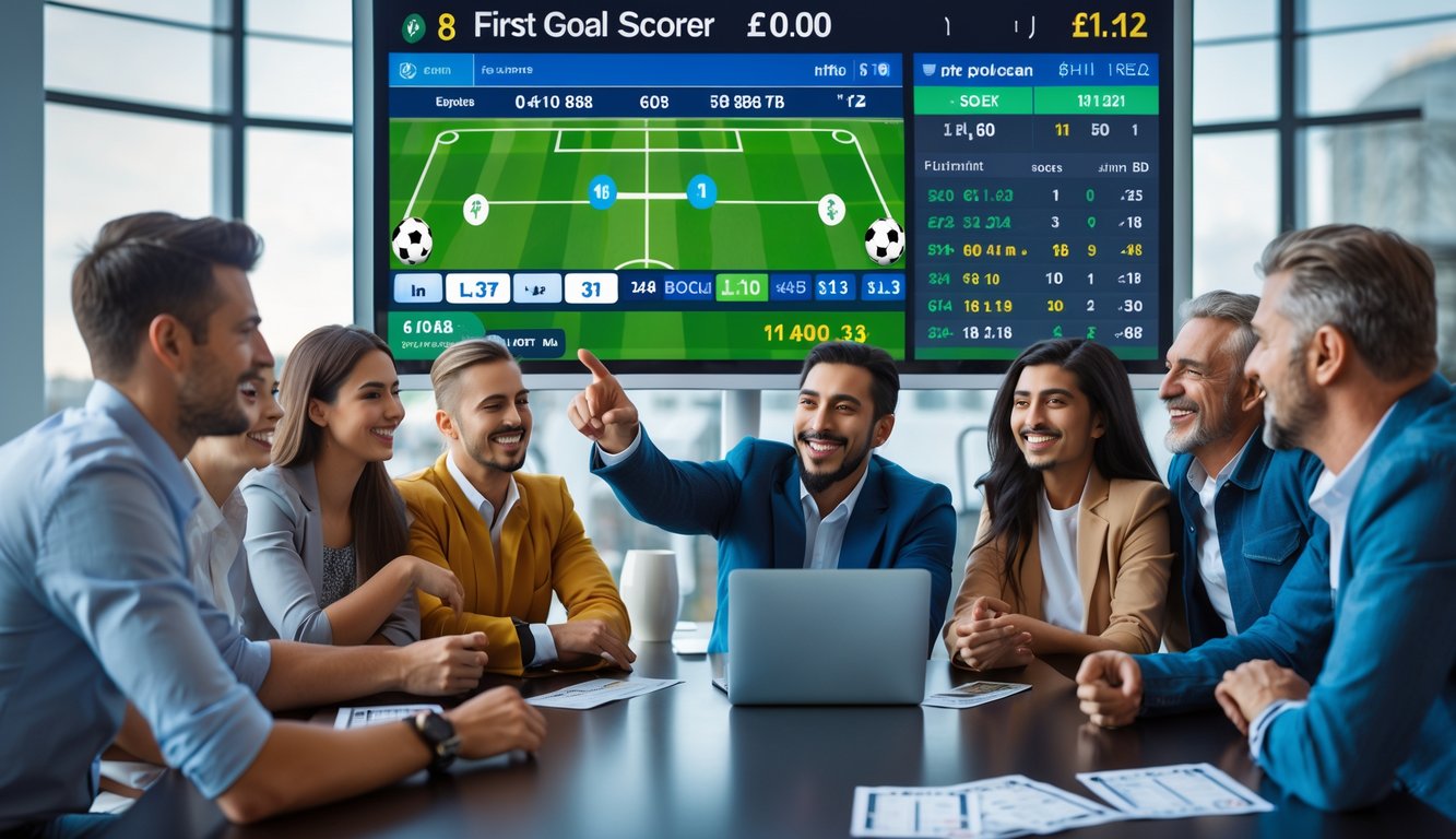 Sekelompok orang yang antusias melihat layar besar menampilkan statistik dan peluang taruhan sepak bola.