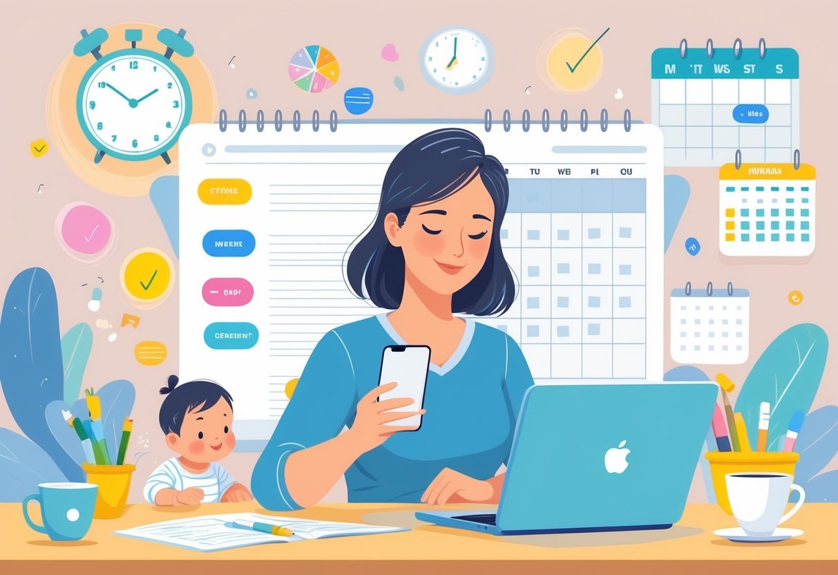 A mom using a habit tracking app on her phone while managing daily tasks with a baby nearby and a calendar on the table.