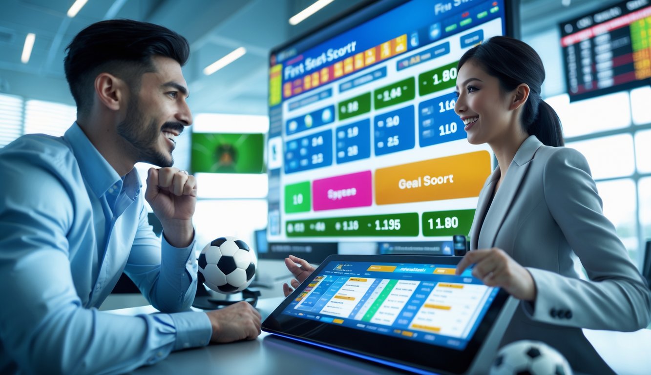 Dua orang sedang melihat layar besar dengan informasi taruhan sepak bola di ruangan kantor modern.