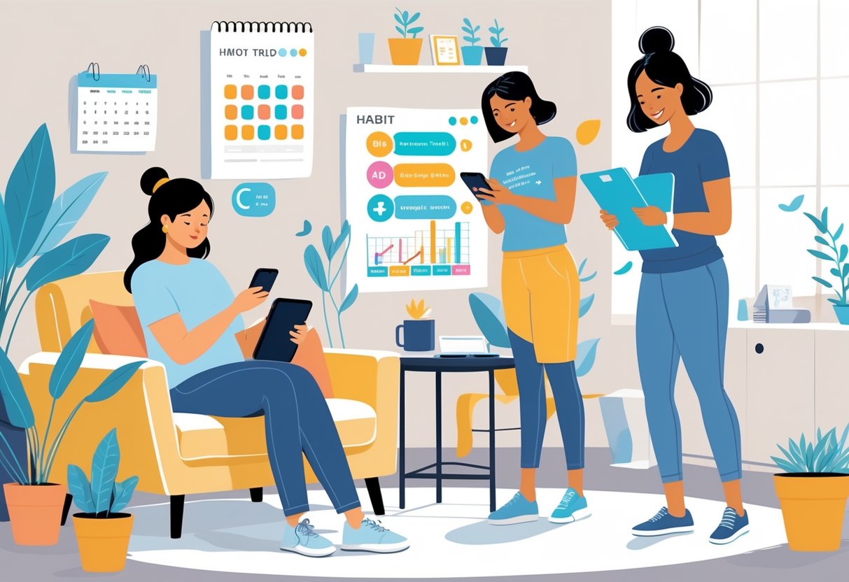 Three moms using smartphones and tablets to track their habits in a cozy living room.