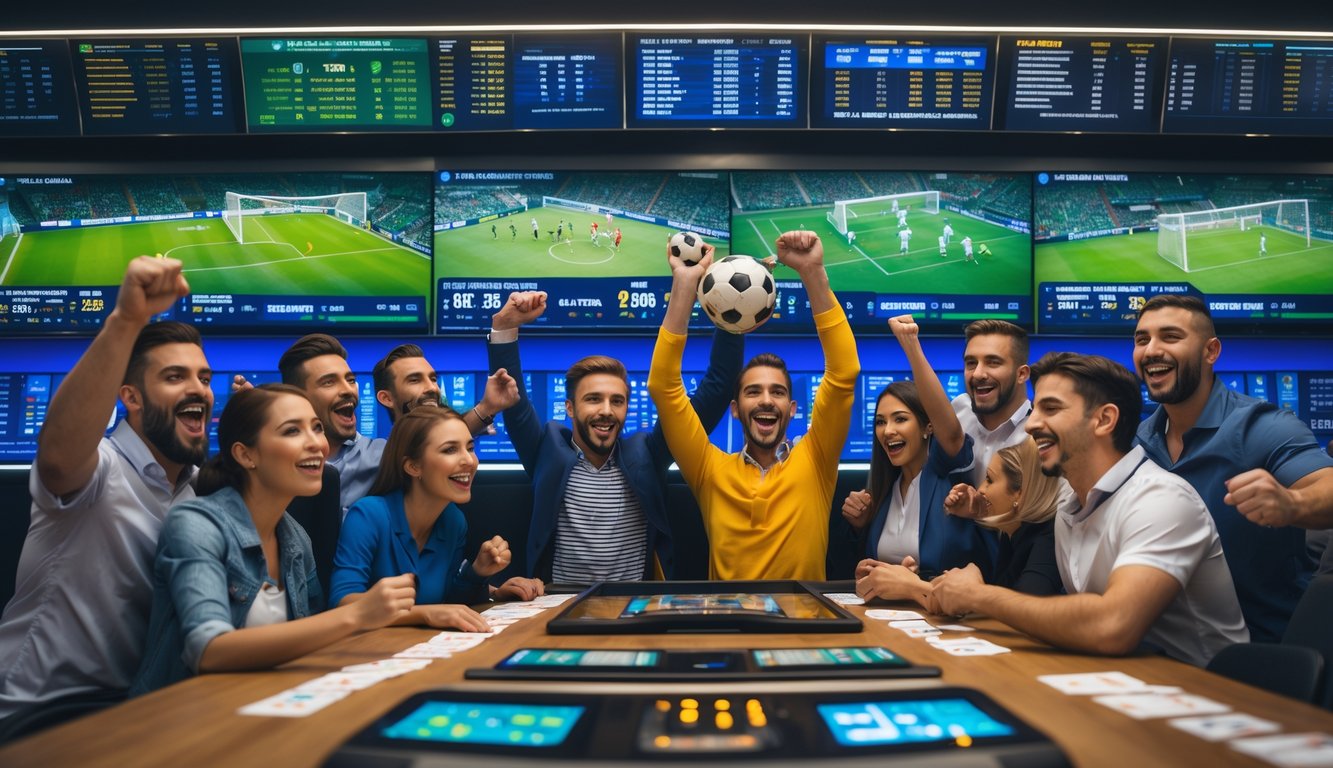 Sekelompok orang antusias menonton pertandingan sepak bola di ruang taruhan olahraga dengan layar menampilkan data dan statistik pertandingan.