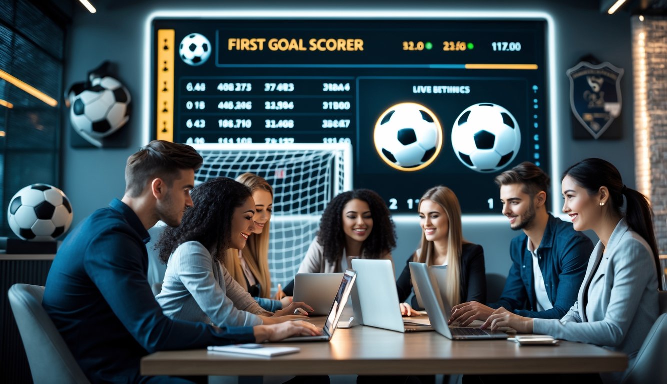 Sekelompok orang muda sedang menggunakan laptop dan ponsel di ruang modern dengan layar besar menampilkan statistik pertandingan sepak bola dan peluang taruhan.