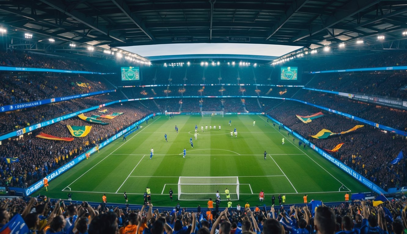 Pemain sepak bola sedang beraksi di stadion penuh penonton saat pertandingan liga top Eropa berlangsung.