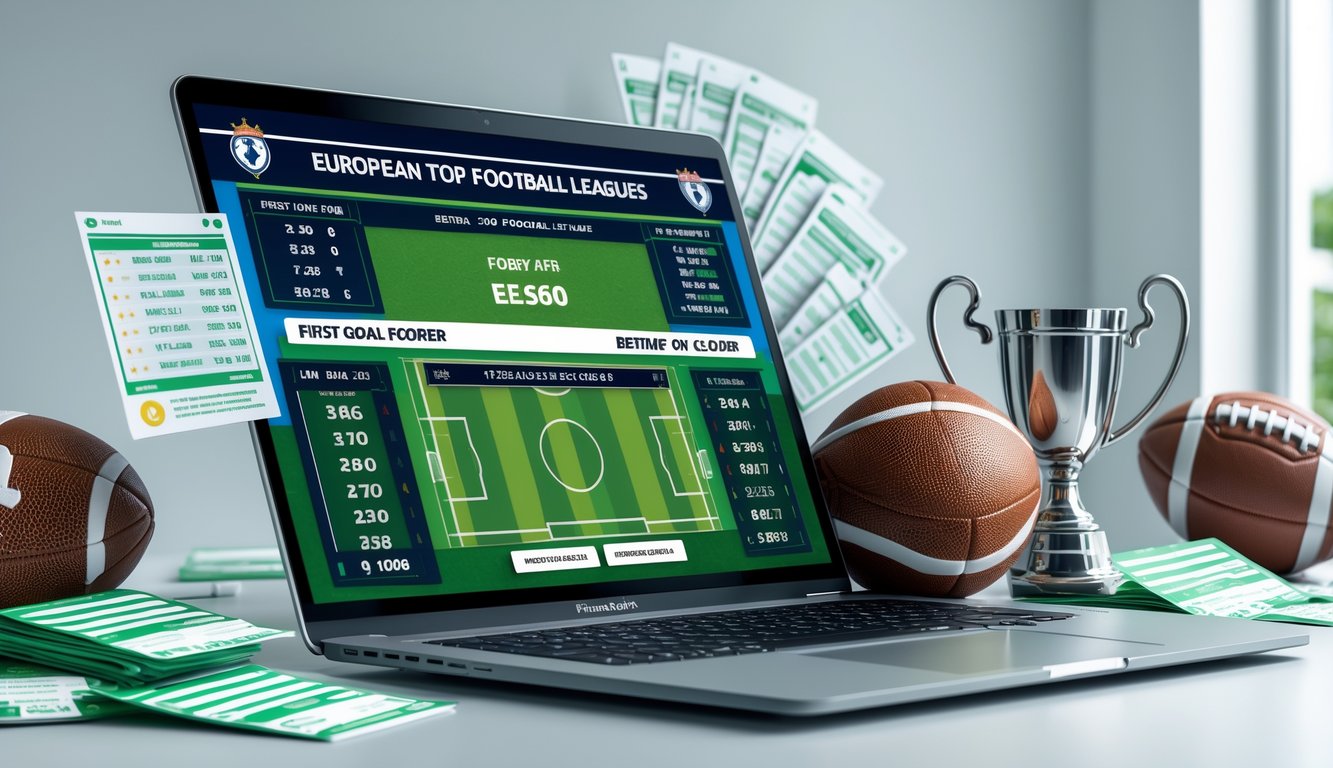 Seorang pria menggunakan laptop dengan layar menampilkan statistik sepak bola dan opsi pencetak gol pertama, dikelilingi bola sepak bola dan elemen taruhan di meja kerja.