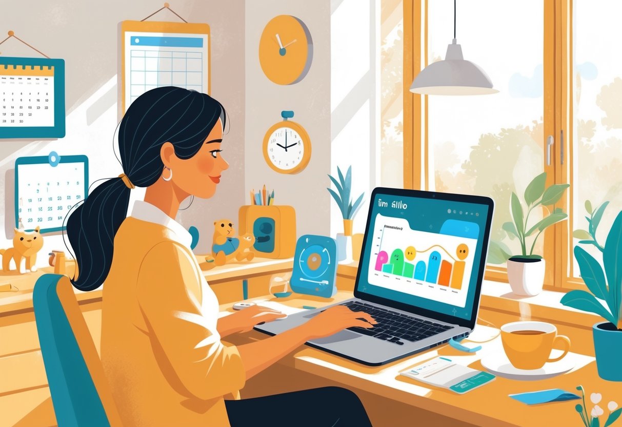 A stay-at-home mom working on a laptop at a home desk surrounded by children's toys and family items.