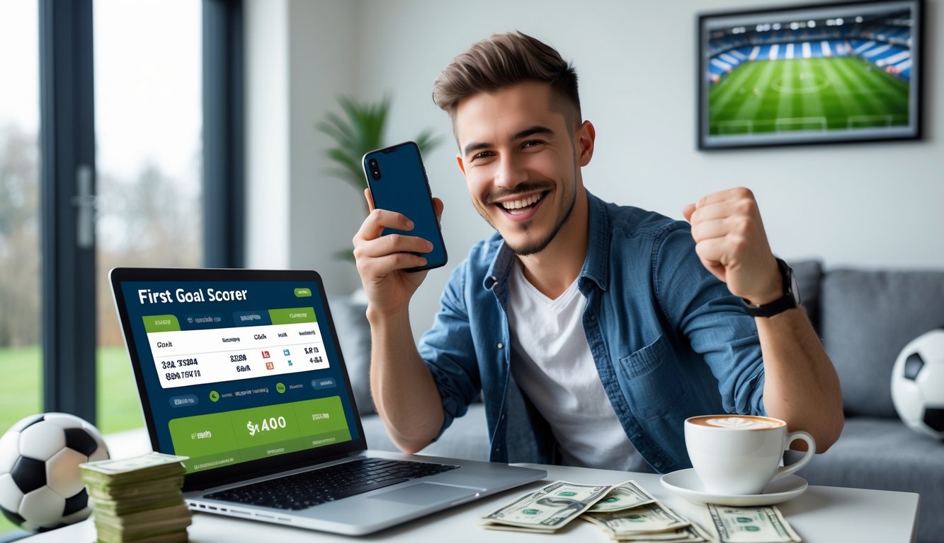 Seorang pria muda tersenyum sambil merayakan kemenangan taruhan bola dengan laptop dan ponsel di meja, di ruang tamu yang modern.