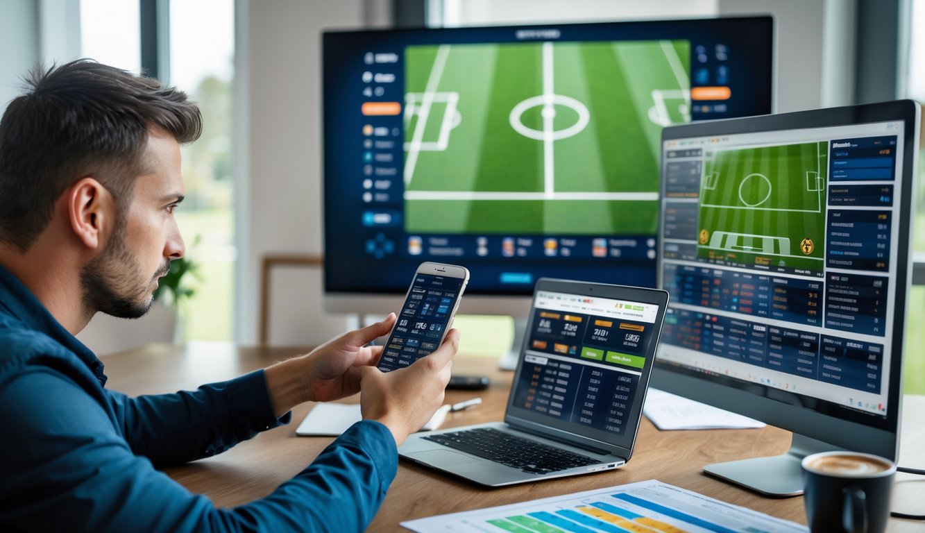 Seorang pria fokus menganalisis statistik sepak bola di laptop dan ponsel di ruang kerja modern dengan layar pertandingan sepak bola di latar belakang.
