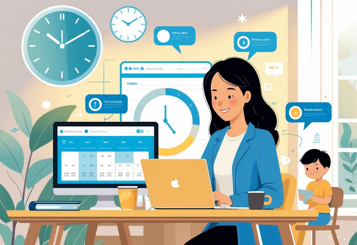 A stay-at-home mom working on a laptop at a home desk with a clock in the background and a child playing nearby.