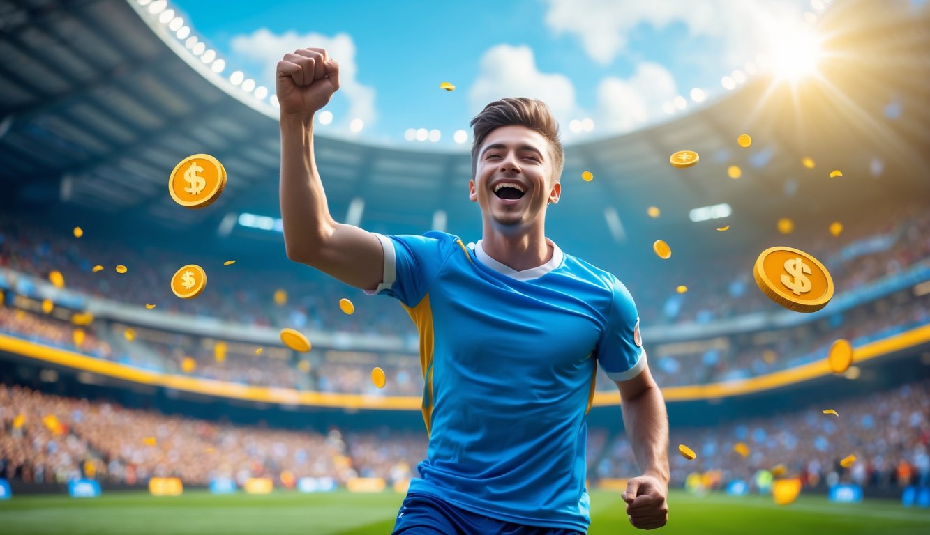 Seorang pria muda merayakan gol sepak bola pertama dengan latar stadion yang penuh penonton bersorak.