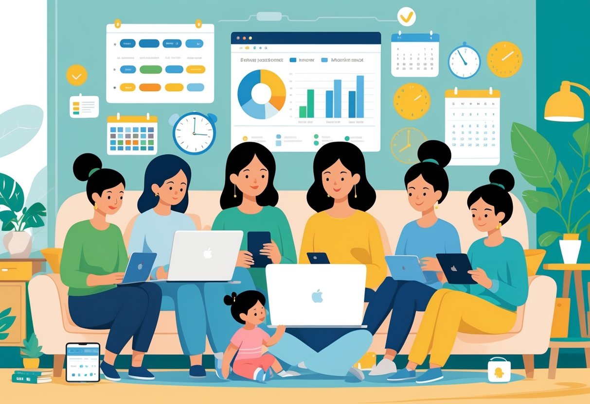 A group of stay-at-home moms using laptops and tablets in a cozy living room, with a child playing nearby and clocks and charts in the background symbolizing time management.