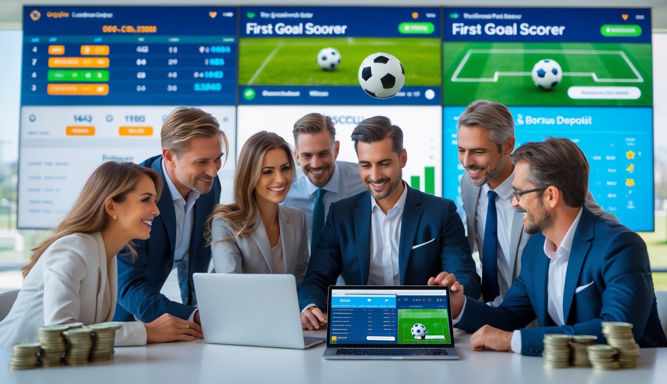 Sekelompok orang dewasa sedang melihat layar digital dengan data taruhan bola sepak, di ruang kantor modern dengan layar besar menampilkan pertandingan sepak bola langsung.
