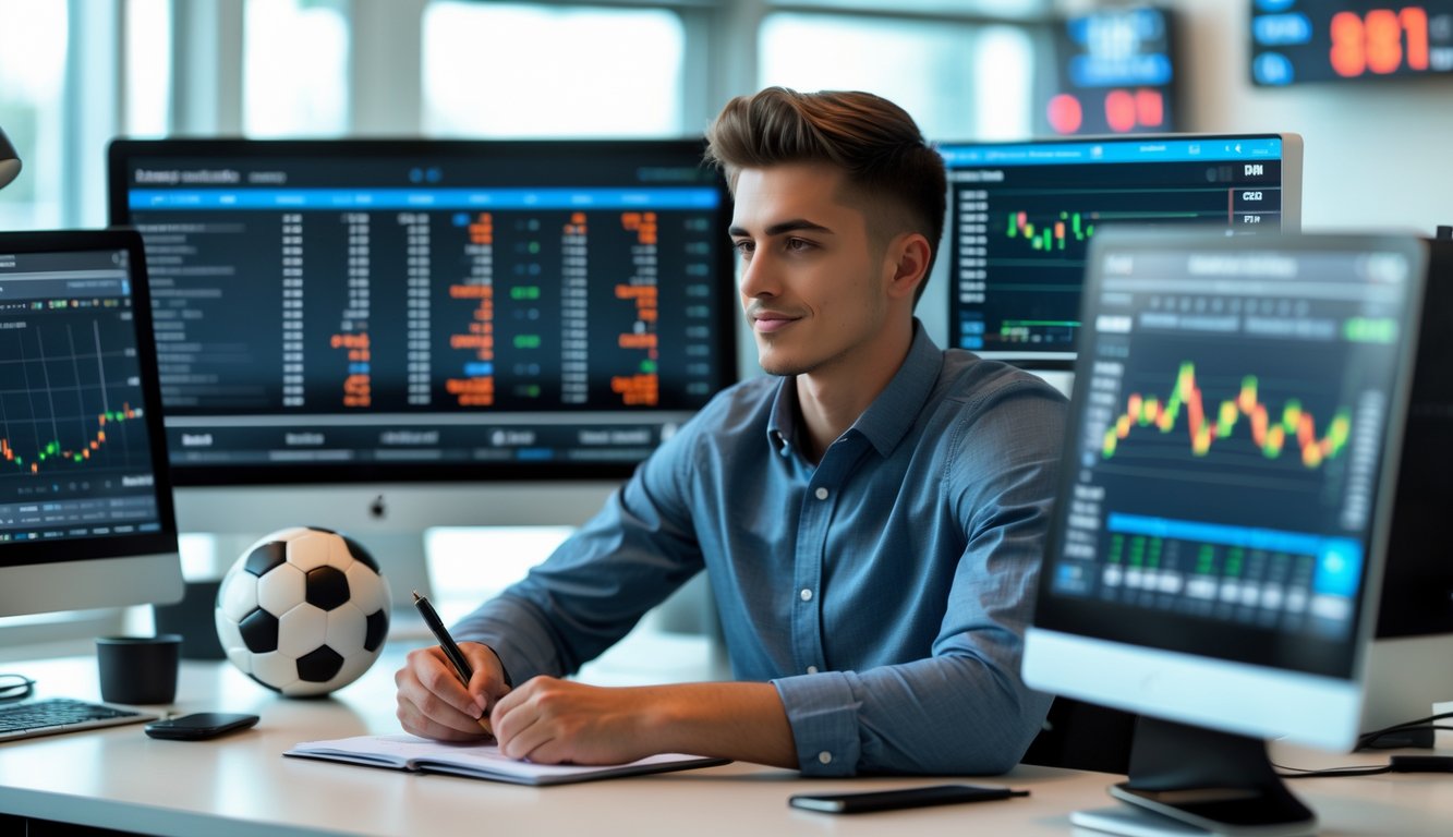Seorang pria muda duduk di meja dengan beberapa layar komputer yang menampilkan statistik pertandingan sepak bola dan peluang taruhan, sedang fokus menganalisis data dalam suasana kantor yang terang.