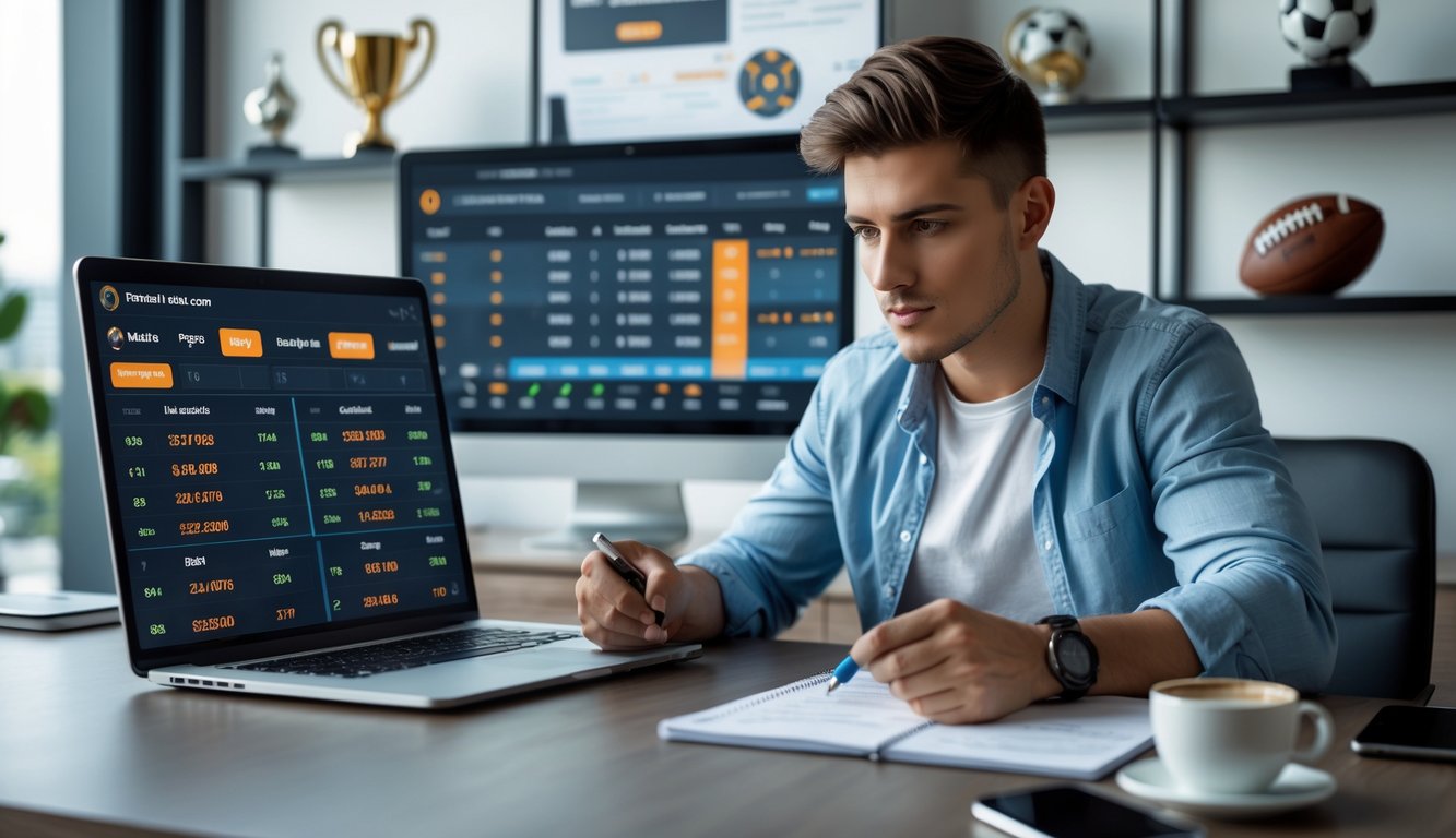 Seorang pria muda sedang fokus menganalisis strategi taruhan bola di laptop dengan layar yang menampilkan statistik dan peluang pertandingan sepak bola.