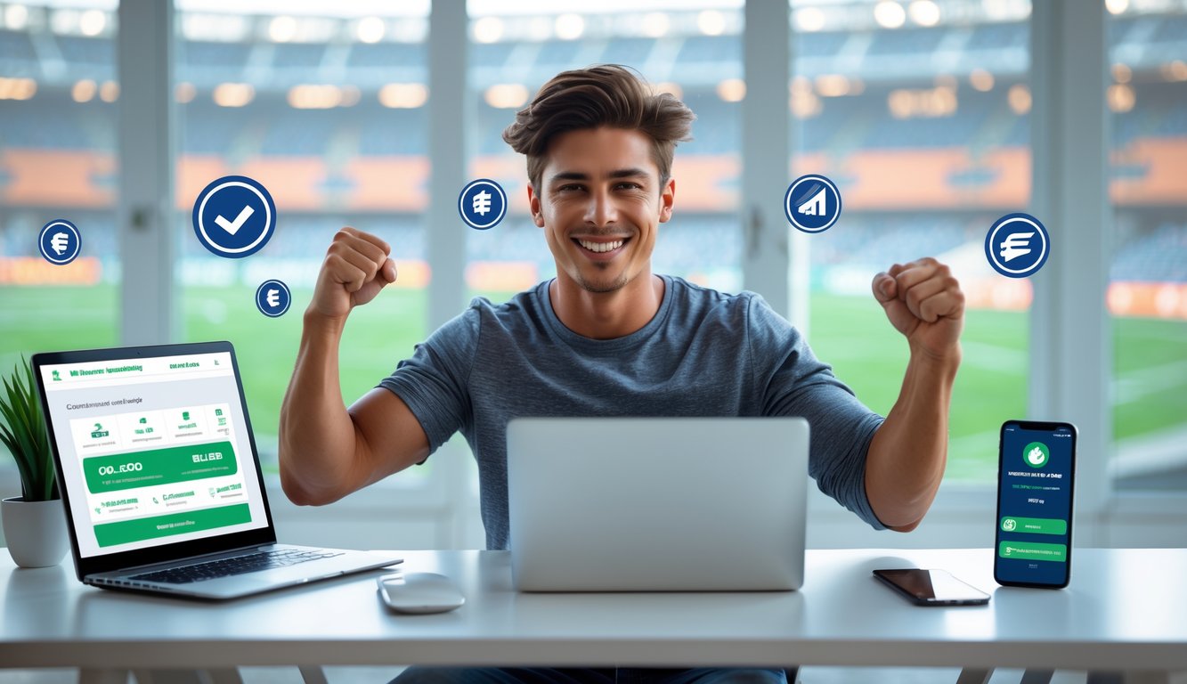 Seorang pria muda tersenyum dan mengangkat kepalan tangan di depan laptop di meja kerja, menunjukkan kegembiraan setelah memenangkan taruhan olahraga online.