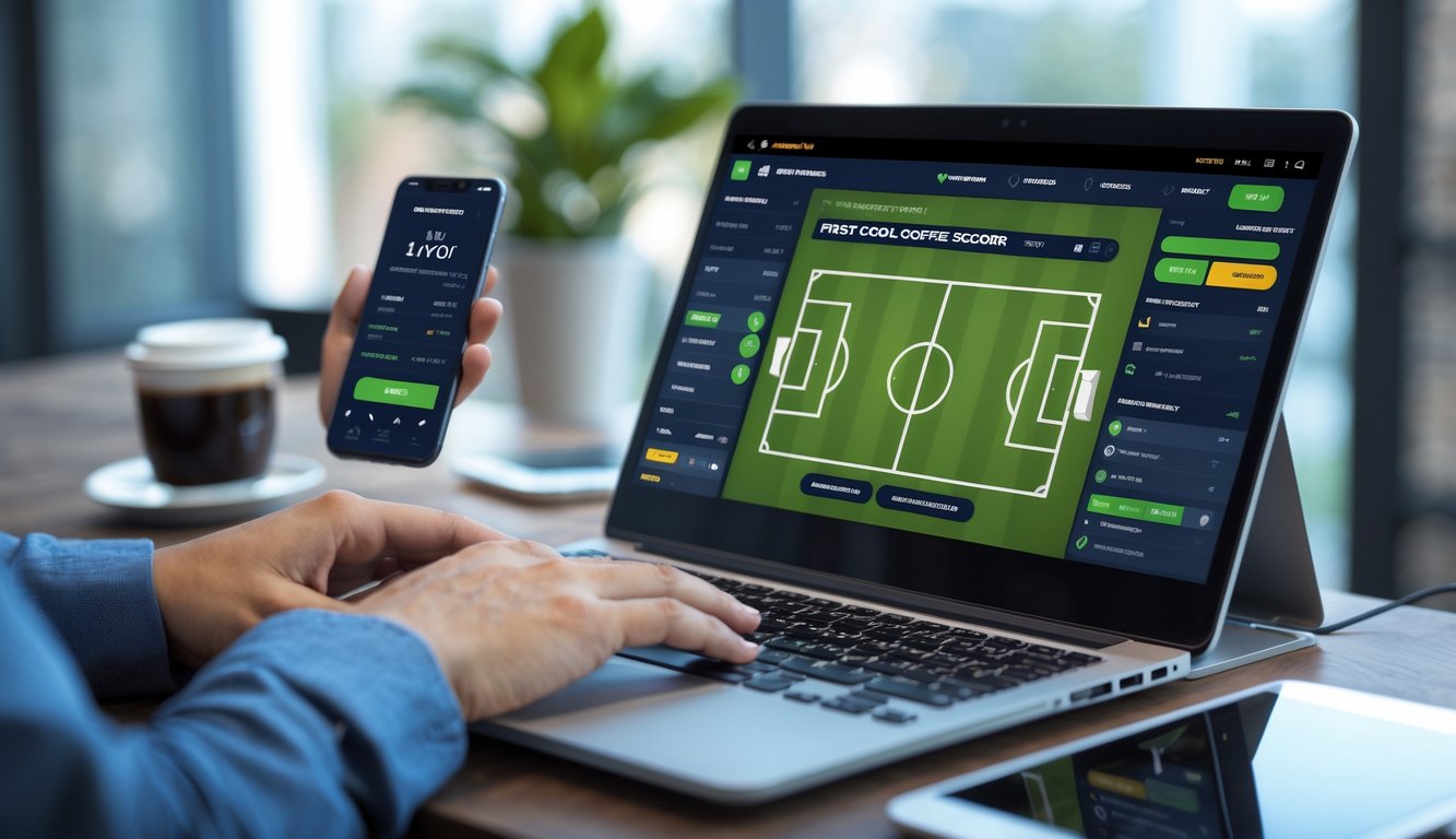 Seseorang menggunakan laptop dengan tampilan situs taruhan bola yang menampilkan pasar pencetak gol pertama, di meja kerja dengan ponsel dan cangkir kopi.