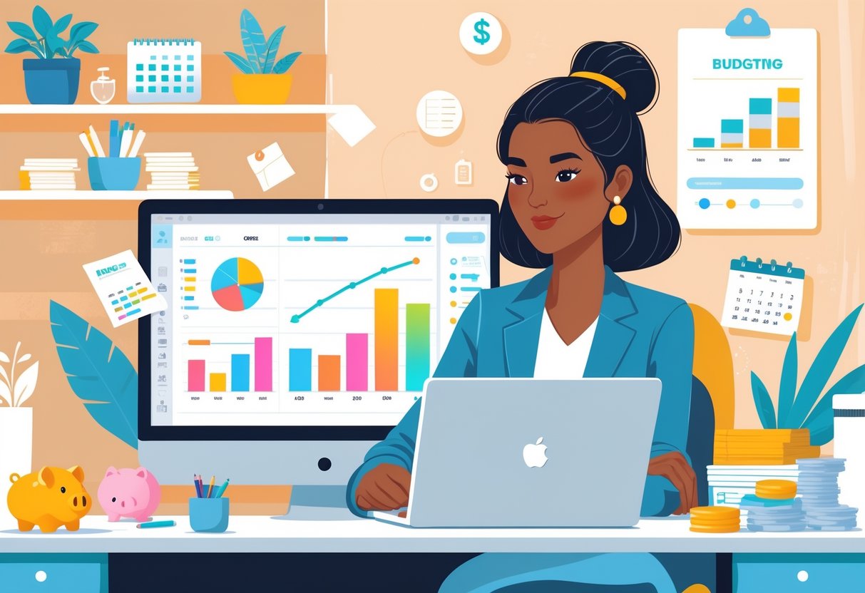 A mompreneur working at her desk with a laptop showing financial charts, surrounded by items representing personal and business budgeting.