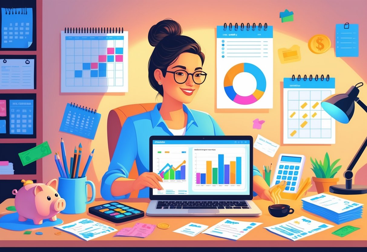 A mom working at a desk with a laptop showing financial charts, surrounded by budgeting tools and a child playing nearby.