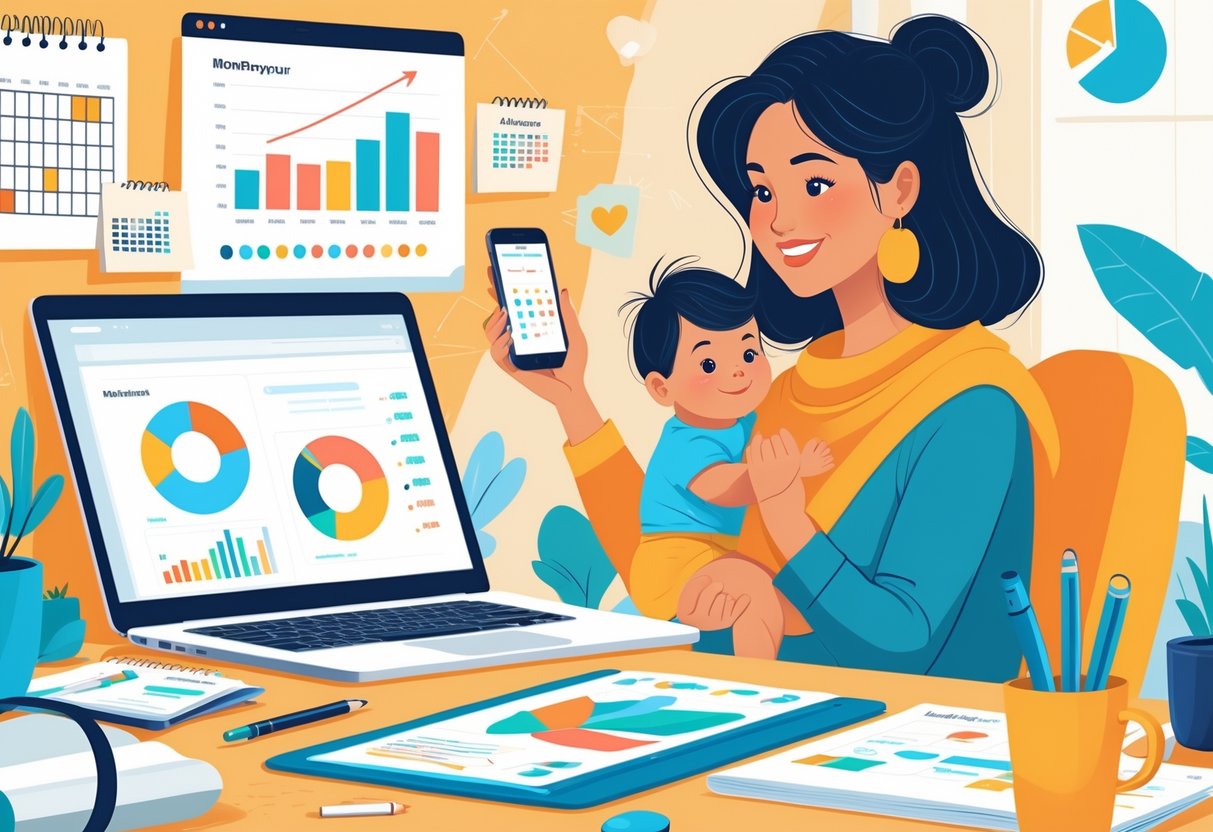 A mom working at a home office desk using a laptop and smartphone for budgeting apps while caring for a child nearby.