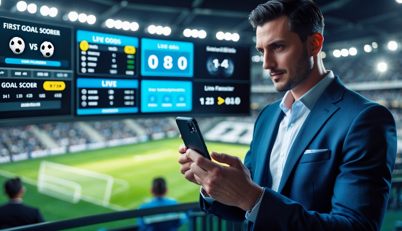 Seorang pria sedang melihat layar dengan statistik pertandingan sepak bola dan menggunakan aplikasi taruhan langsung di ponsel.