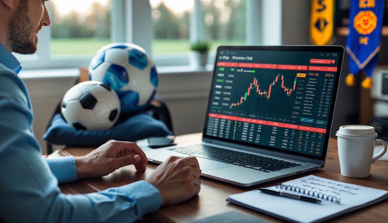 Seorang pria sedang menganalisis statistik sepak bola di laptop di ruang kerja rumah yang nyaman dengan layar besar menampilkan data pertandingan dan grafik peluang.