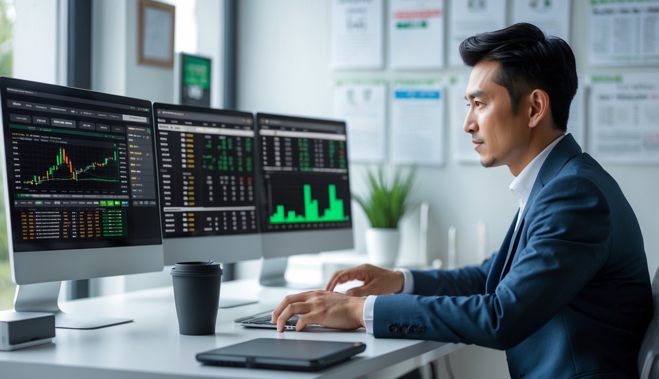 Seorang pria sedang duduk di meja kerja dengan beberapa layar komputer yang menampilkan data taruhan sepak bola, fokus pada pemilihan bandar bola terpercaya.