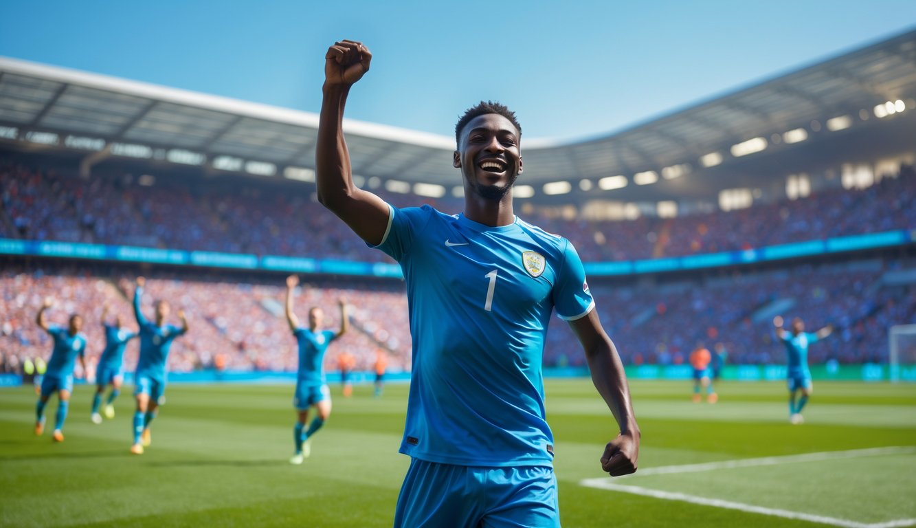 Seorang pemain sepak bola merayakan gol pertama dengan mengangkat tangan dan tersenyum di lapangan sepak bola yang ramai dengan penonton.