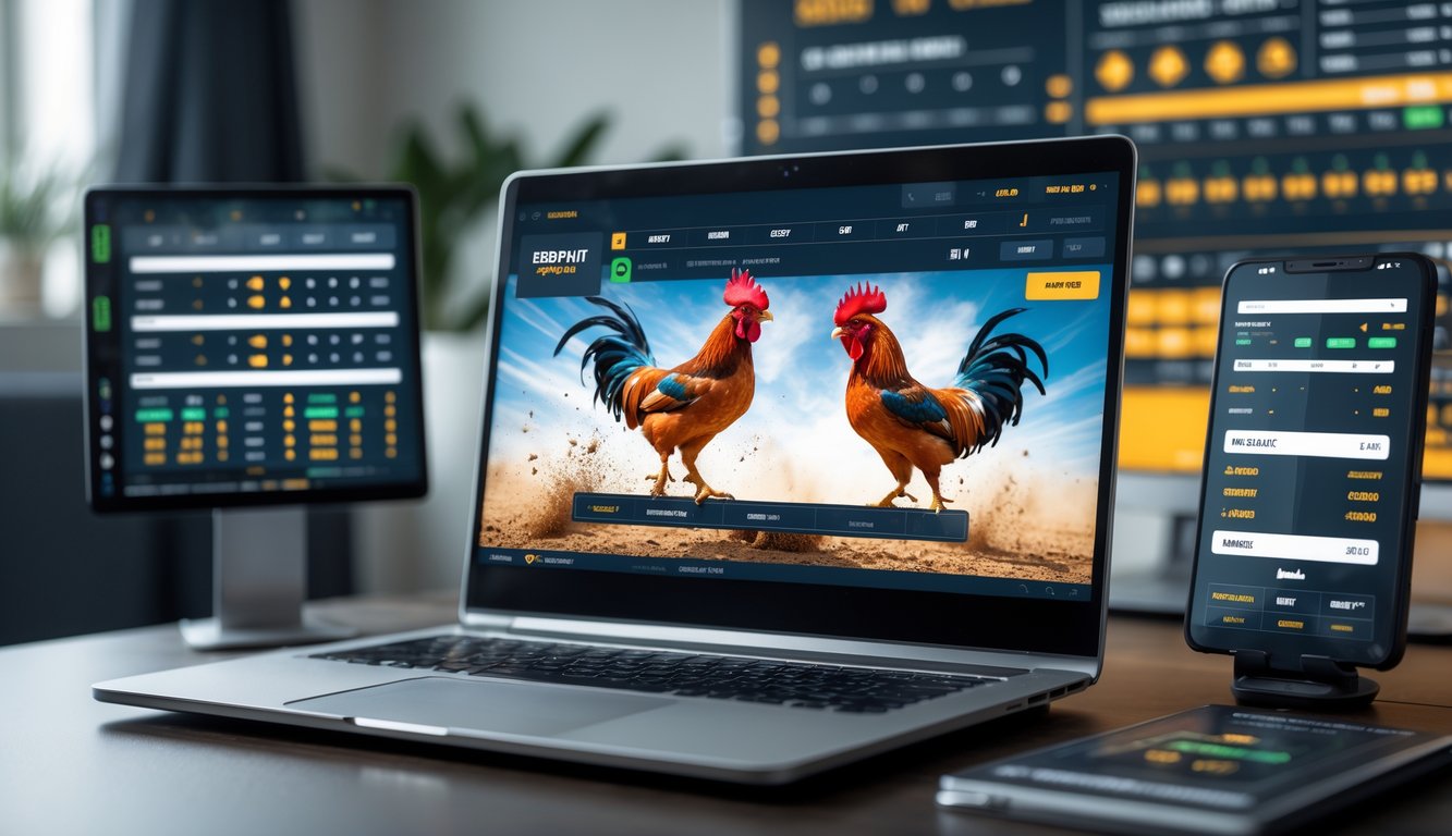 Seorang pria menggunakan komputer untuk menonton siaran langsung pertandingan sabung ayam dan memasang taruhan online.