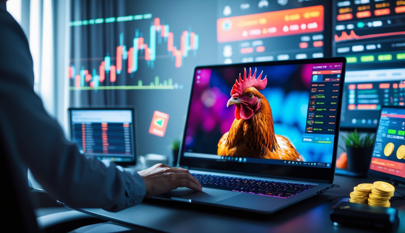 Seseorang menggunakan komputer dengan layar menampilkan siaran langsung sabung ayam, di ruang kerja yang rapi dan terang.