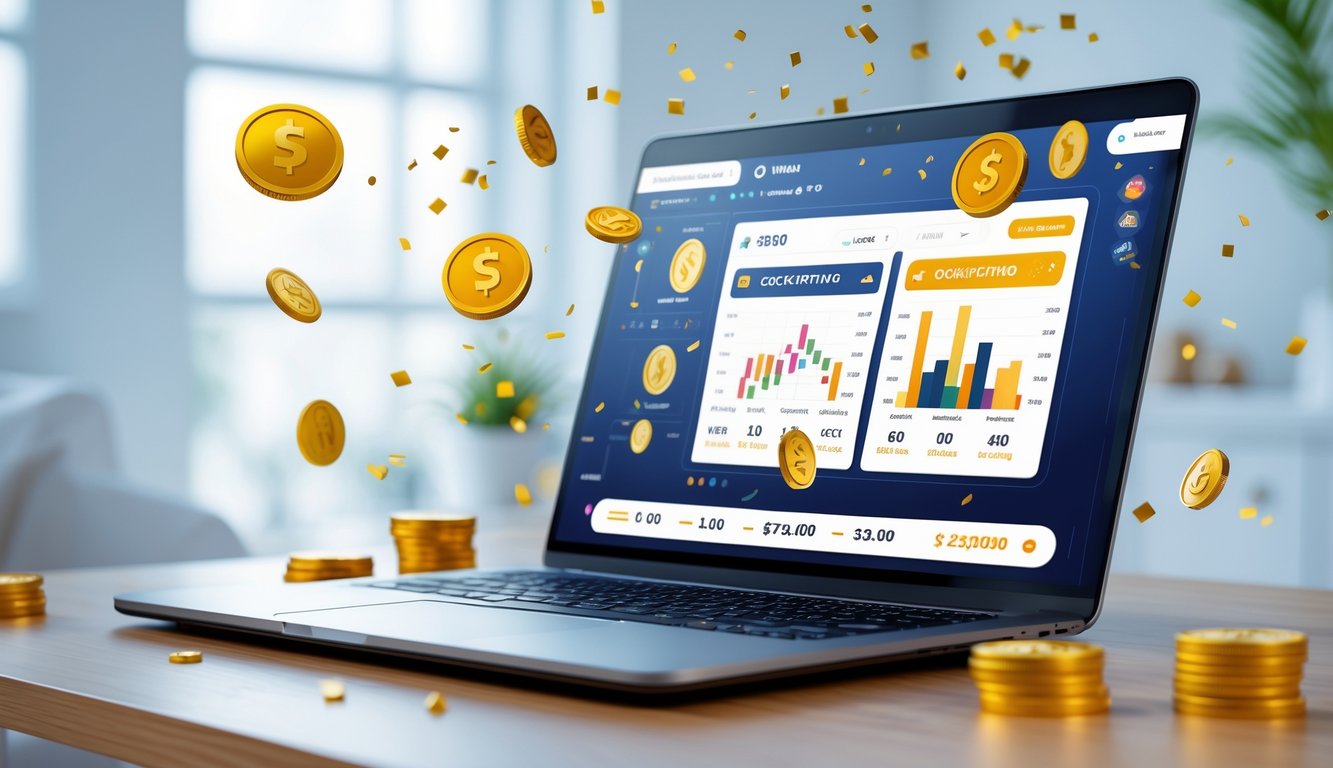 Seseorang menggunakan laptop dengan tampilan aplikasi taruhan online sabung ayam, dikelilingi koin digital dan dekorasi yang menunjukkan suasana kemenangan.