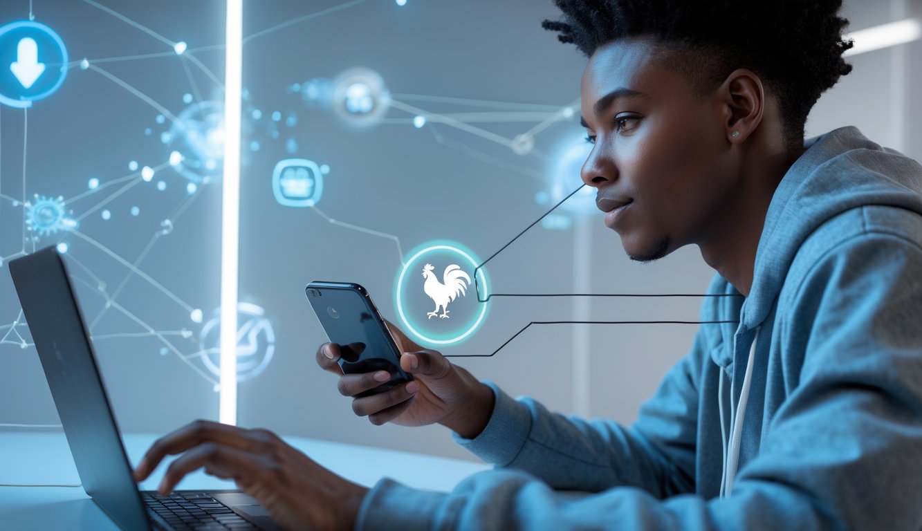 Orang muda menggunakan ponsel untuk mendaftar di platform online dengan latar belakang elemen digital dan simbol ayam jago.