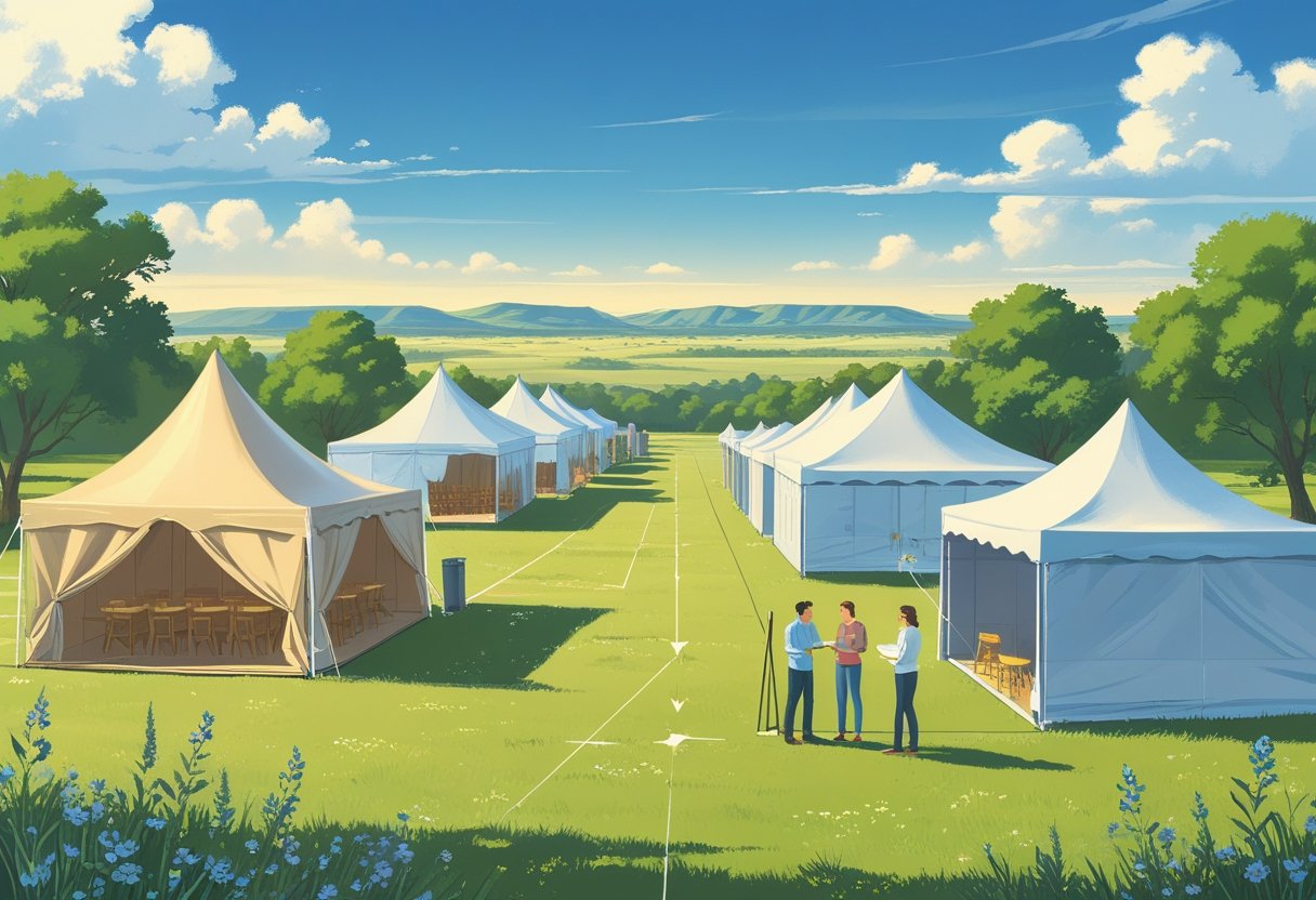Outdoor scene showing people measuring and comparing different sized tents set up in a Texas landscape with hills and trees.