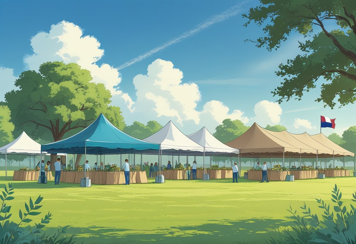 An outdoor scene showing people setting up various sized tents on a grassy field with Texas landscape elements in the background.