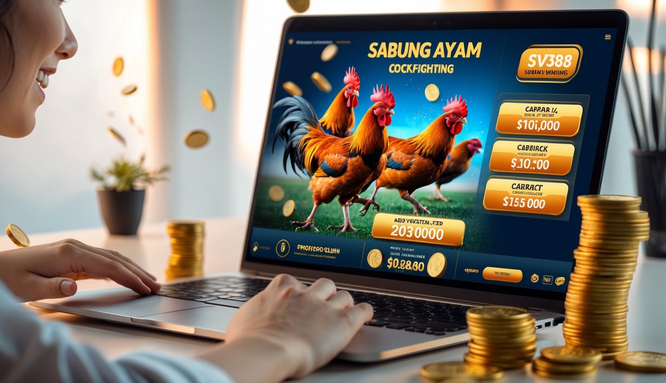Seseorang menggunakan laptop atau ponsel untuk taruhan sabung ayam online dengan suasana yang ceria dan elemen uang di sekitar.