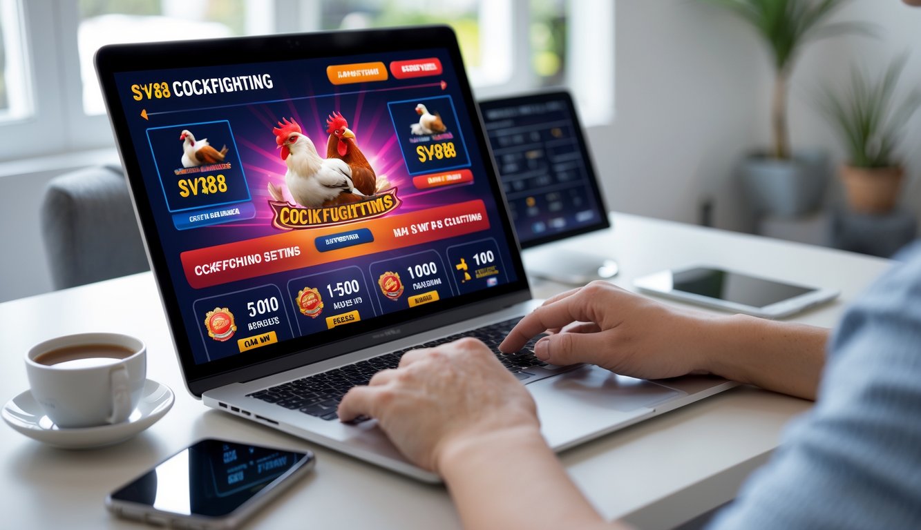 Seseorang menggunakan laptop di meja dengan tampilan layar yang menunjukkan platform taruhan sabung ayam online.