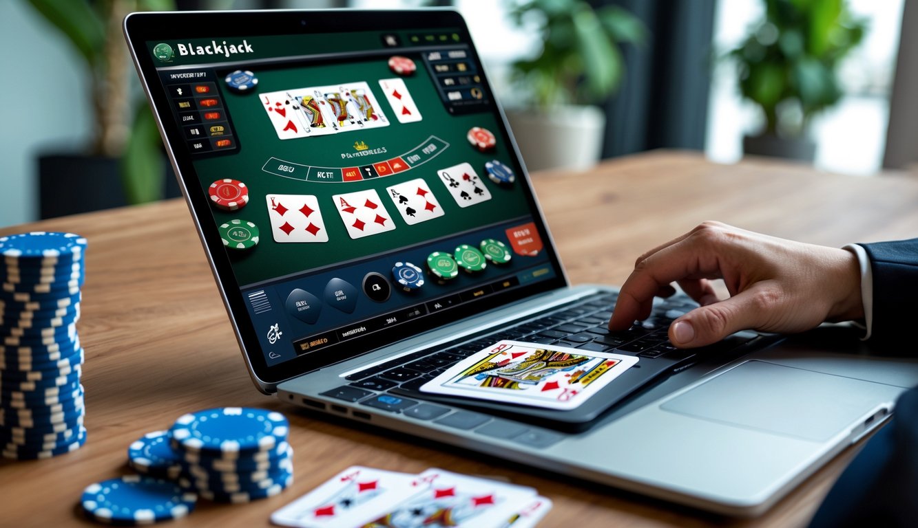 Seorang pemain sedang bermain blackjack online dengan beberapa set kartu dan tumpukan chip di meja dalam ruangan yang terang.